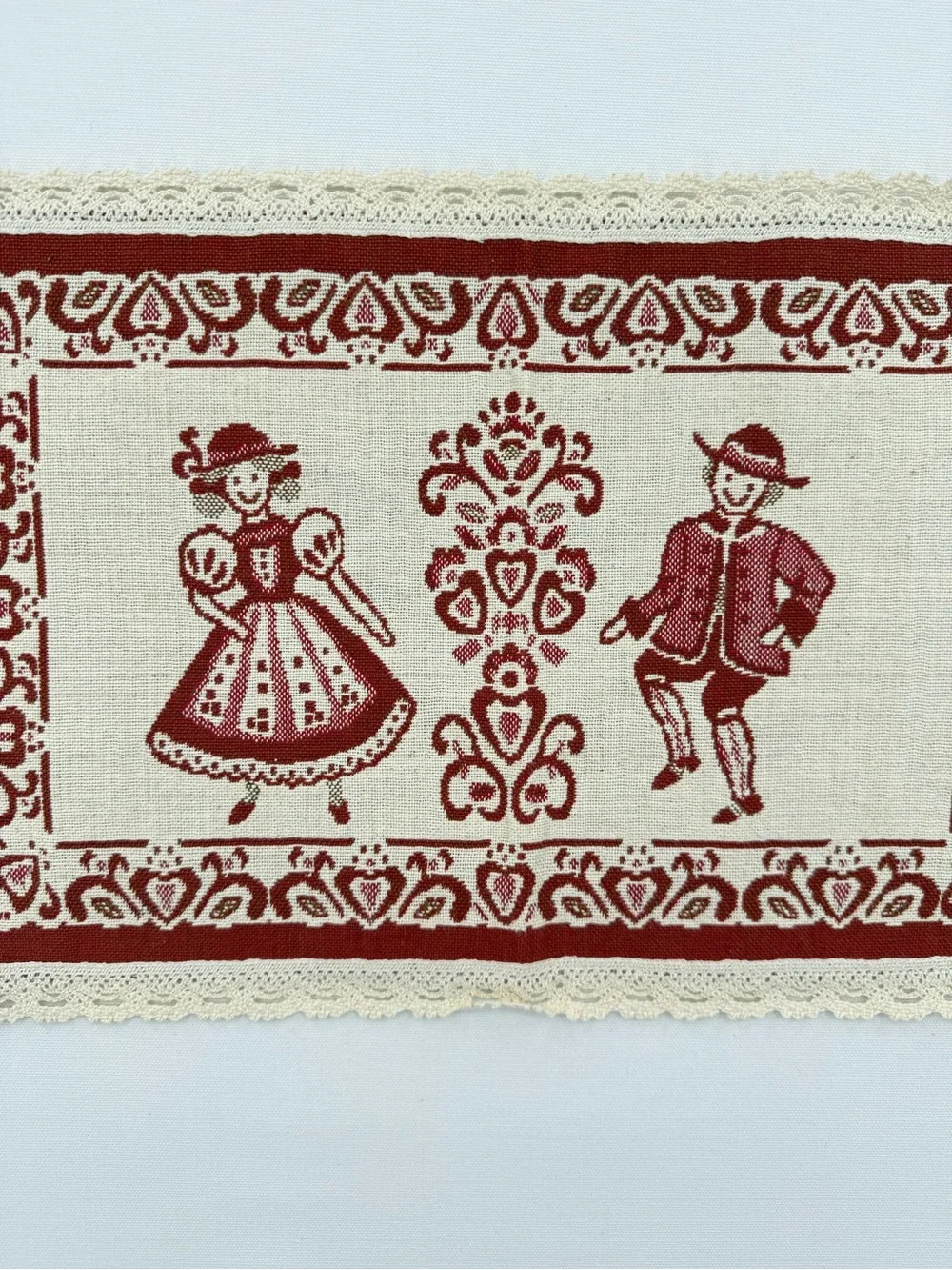 Vintage European Folk Art Table Mat Red Cream Lace Trim Alpine Couple